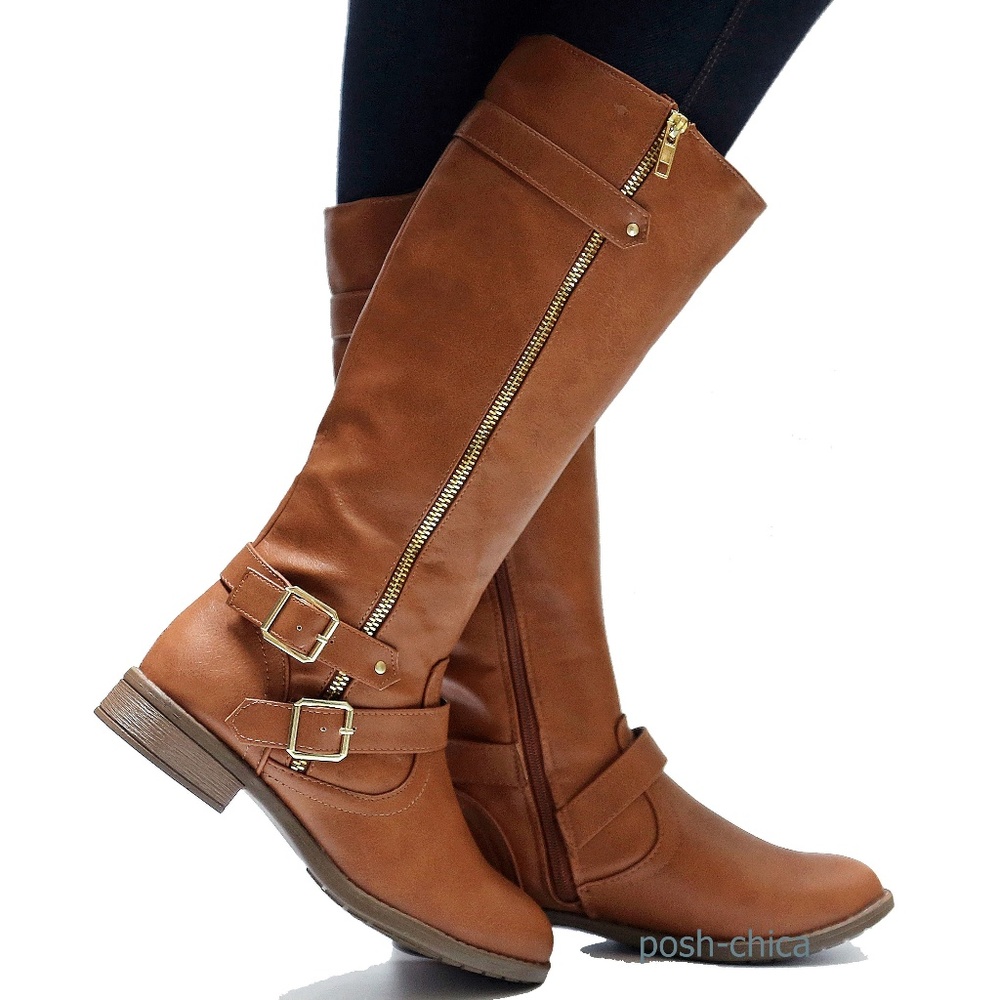 New Tan Buckle Riding Knee High Boots